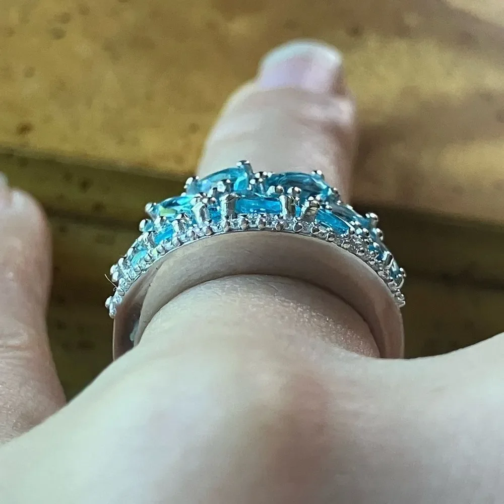 Natural Blue Apatite Moissanite Sterling Silver Cocktail Ring Size 6